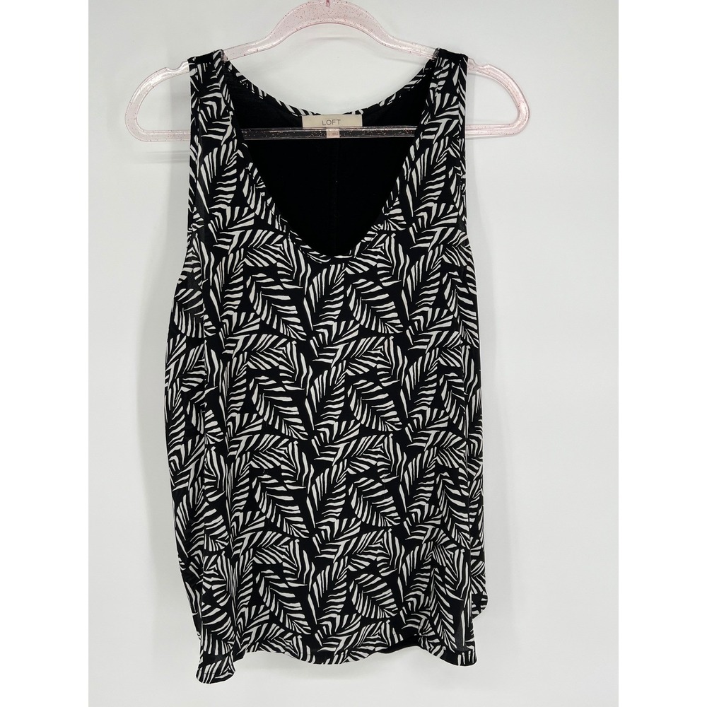 LOFT Black White Palm Leaf Print Tank Top Sleeveless‎ Casual Blouse